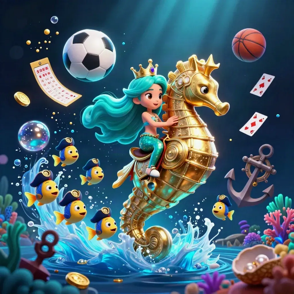 Mermaid princess on a golden seahorse with pirate fish, balls, coins, and glowing coral