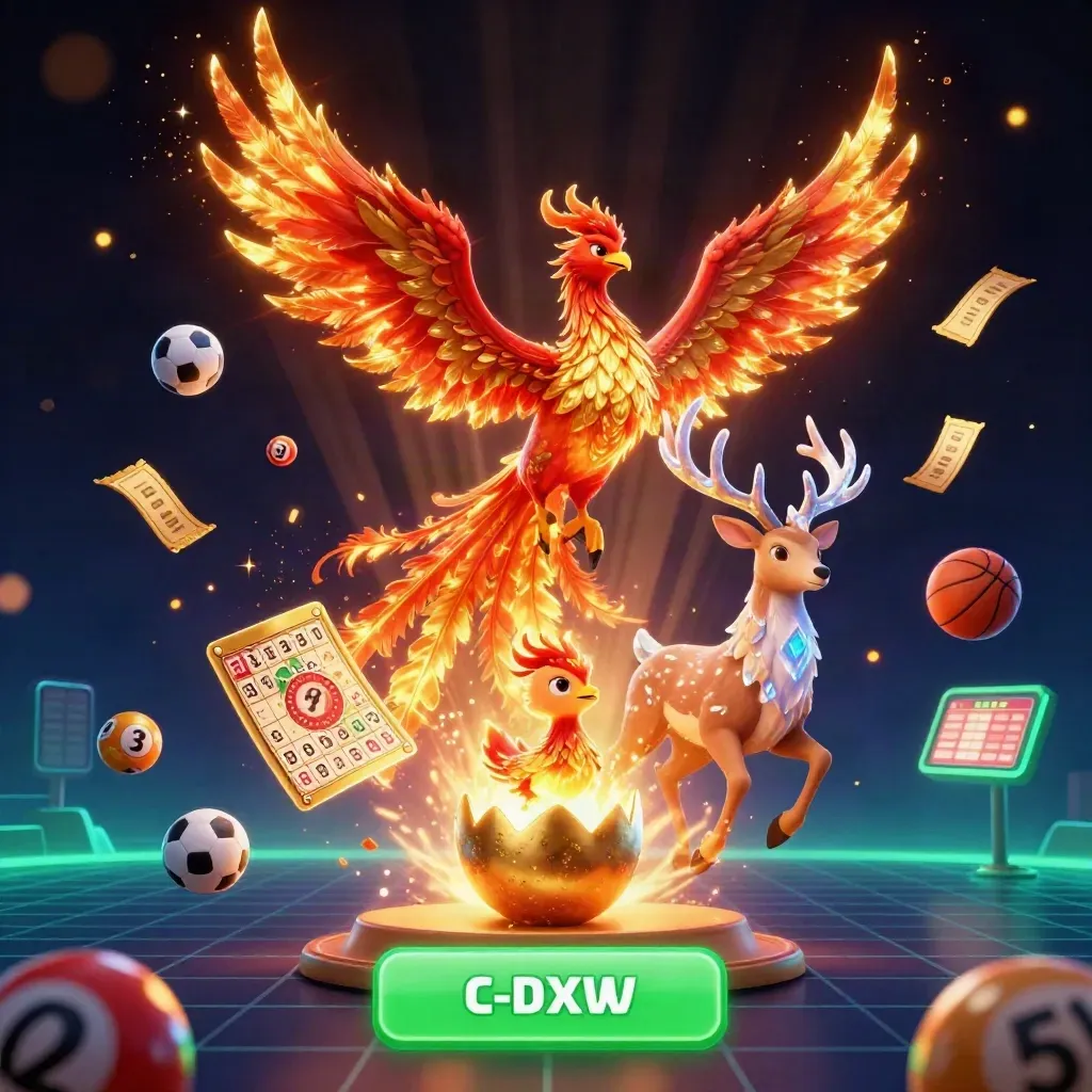 Neon phoenix, stag and baby phoenix amid casino lights, lottery balls and gold confetti.