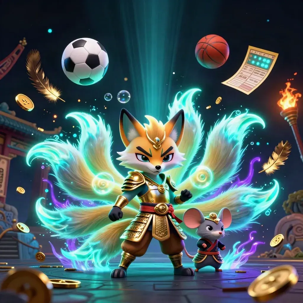 Neon fox spirit and armored mouse amid flying balls, coins, temple gate, and casino light.