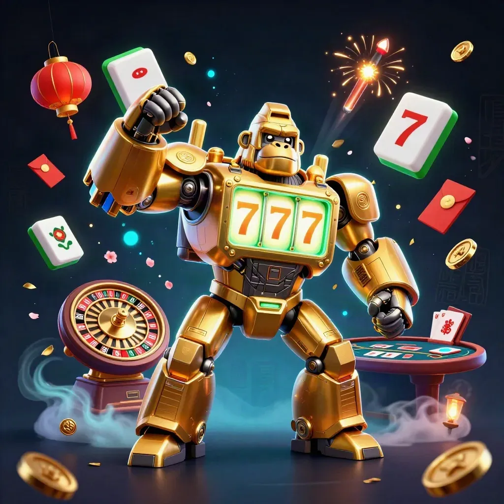 Golden gorilla mech and monkey pilot amid casino symbols, lanterns, coins and neon blue bokeh.