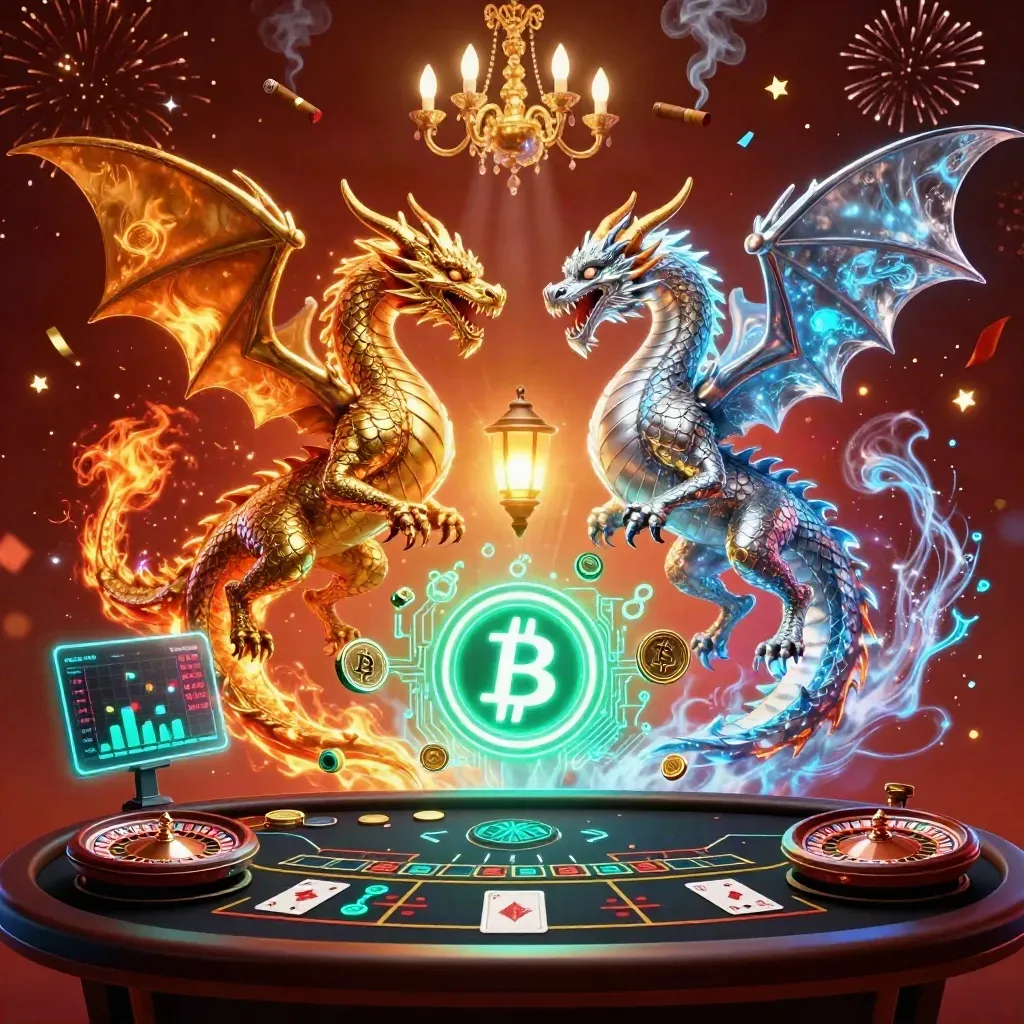 Twin dragons over casino neon with coins, charts, fireworks, and glowing effects.