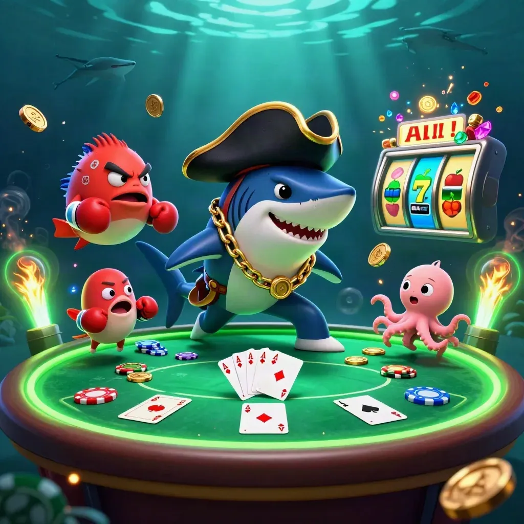 Pirate shark, boxing pufferfish, and coin-juggling octopus over a glowing poker table underwater.