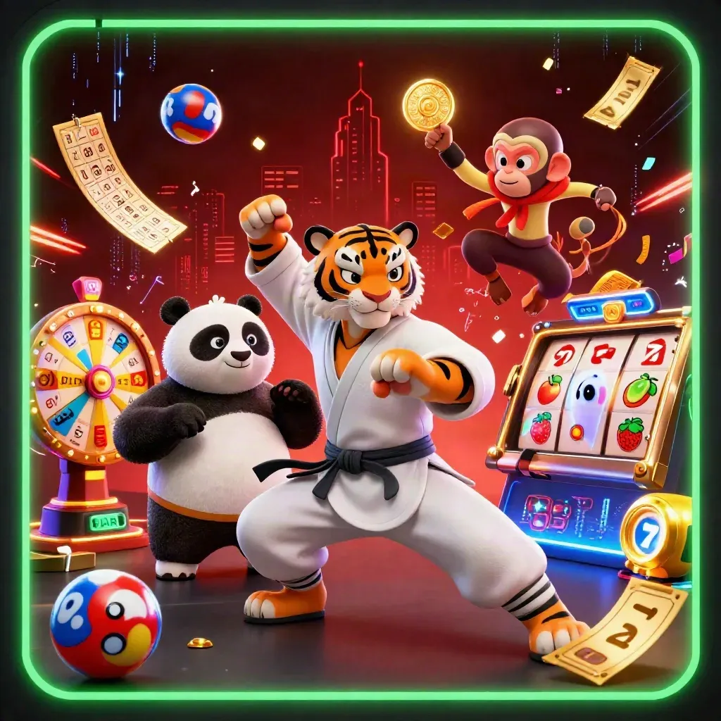 Kung-fu tiger, panda, and monkey amid casino prizes, neon energy, and a dark city backdrop.