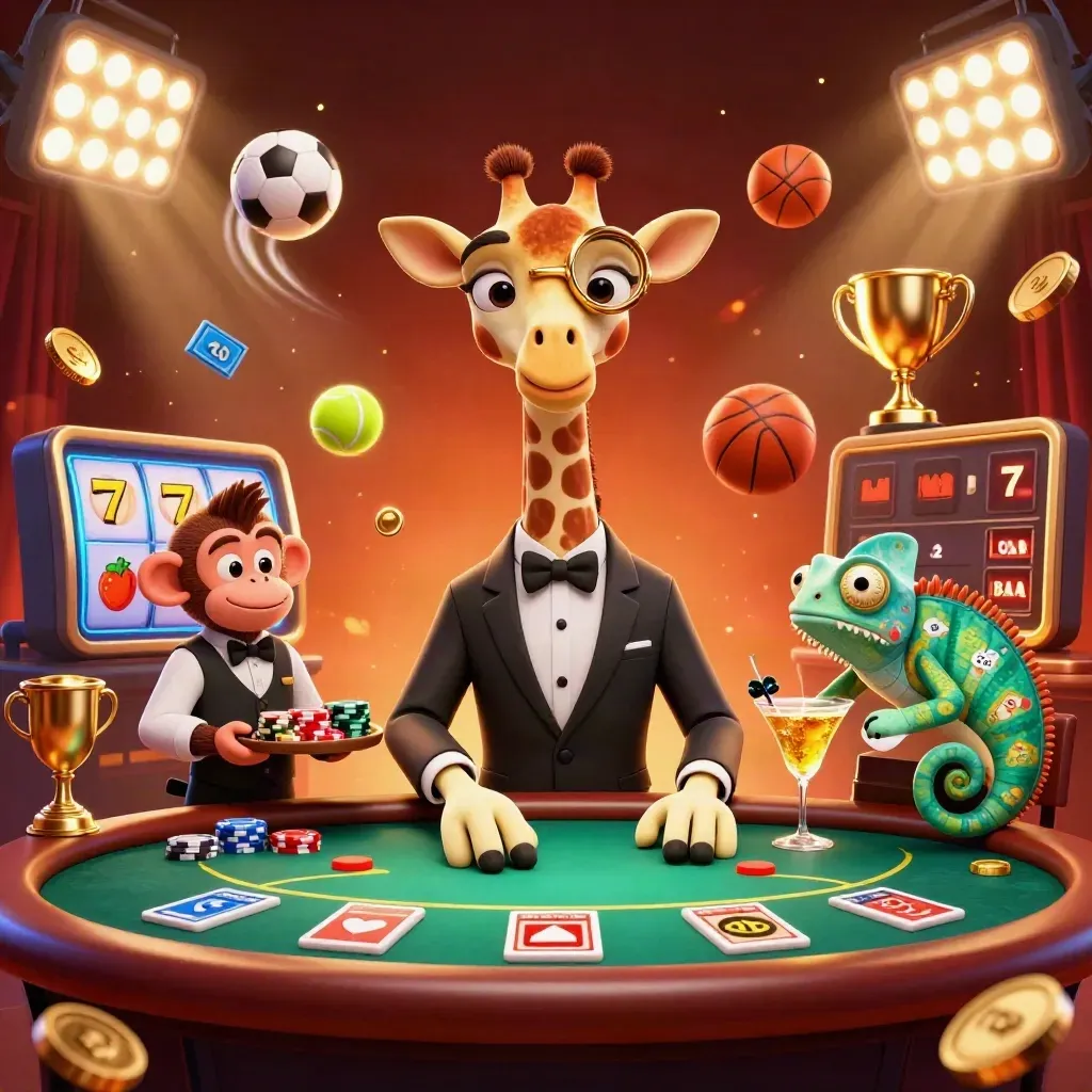Giraffe high roller, monkey valet, and chameleon bartender amid neon casino loot and sports balls