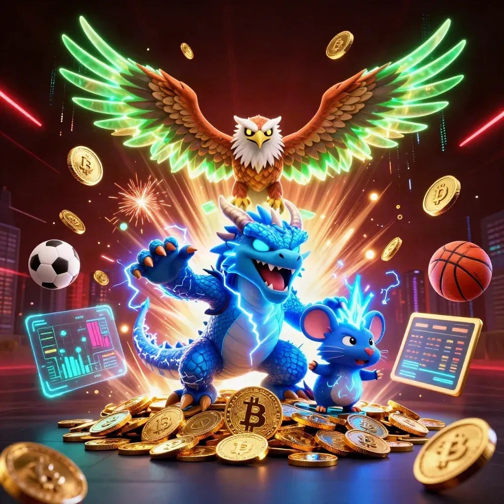 Thunder dragon, wind hawk, and static mouse amid coins, crypto, lightning, and fireworks.