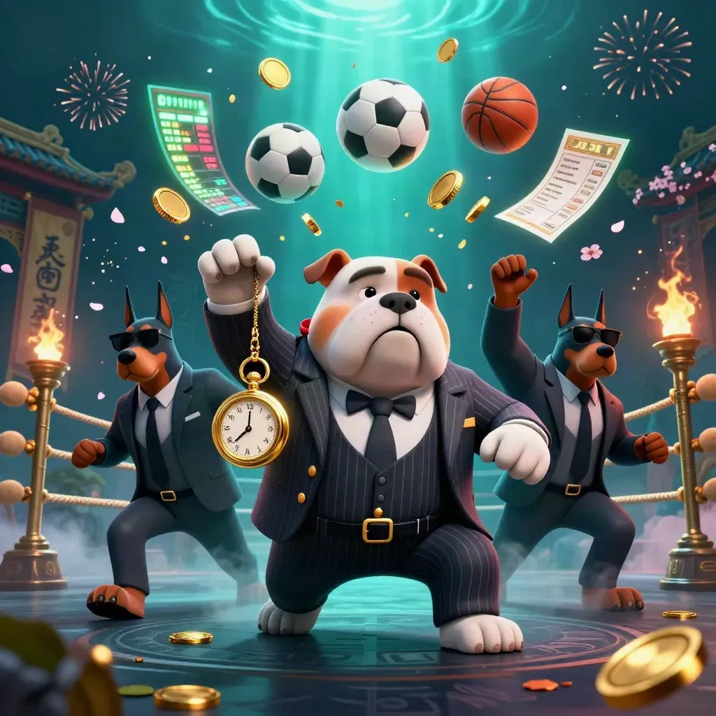 Bulldog boss and Doberman guards amid coins, temple, ring, and casino bursts
