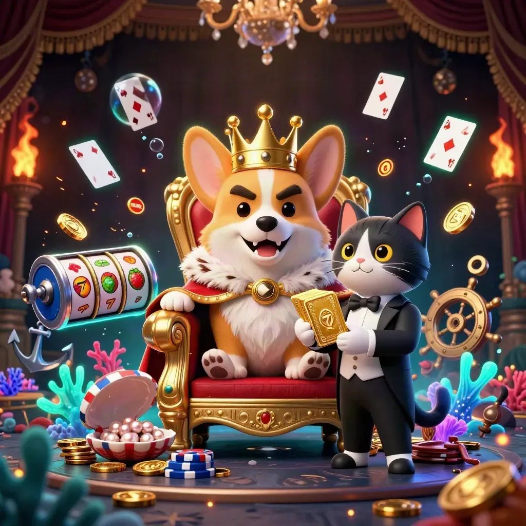 Royal corgi and cat butler amid casino treasure, coins, reels, and underwater glow
